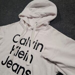 Calvin Klein Jeans Women Hoodie Small White Logo Pullover Sweatshirt
